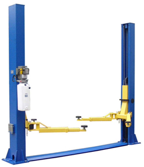 A symmetric two post car lift featuring sturdy blue posts and a yellow lifting mechanism, designed for lifting vehicles during maintenance and repairs